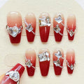 Red Ombré Crystal Bow Coffin Press-On Nails