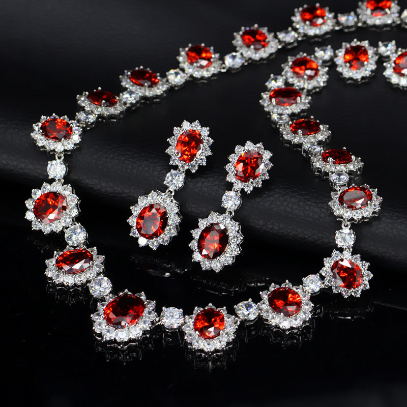AAA Zirconia Oval Halo Drop Necklace & Earring Set