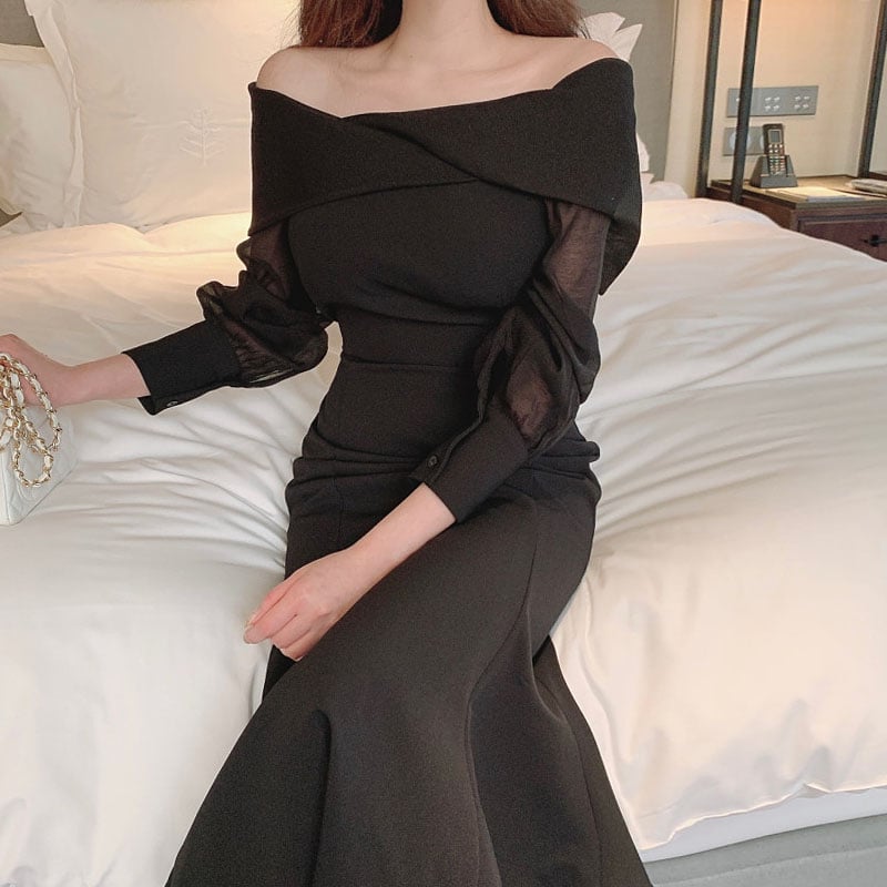 Off-the-Shoulder Bubble Sleeve Long Fishtail Dress