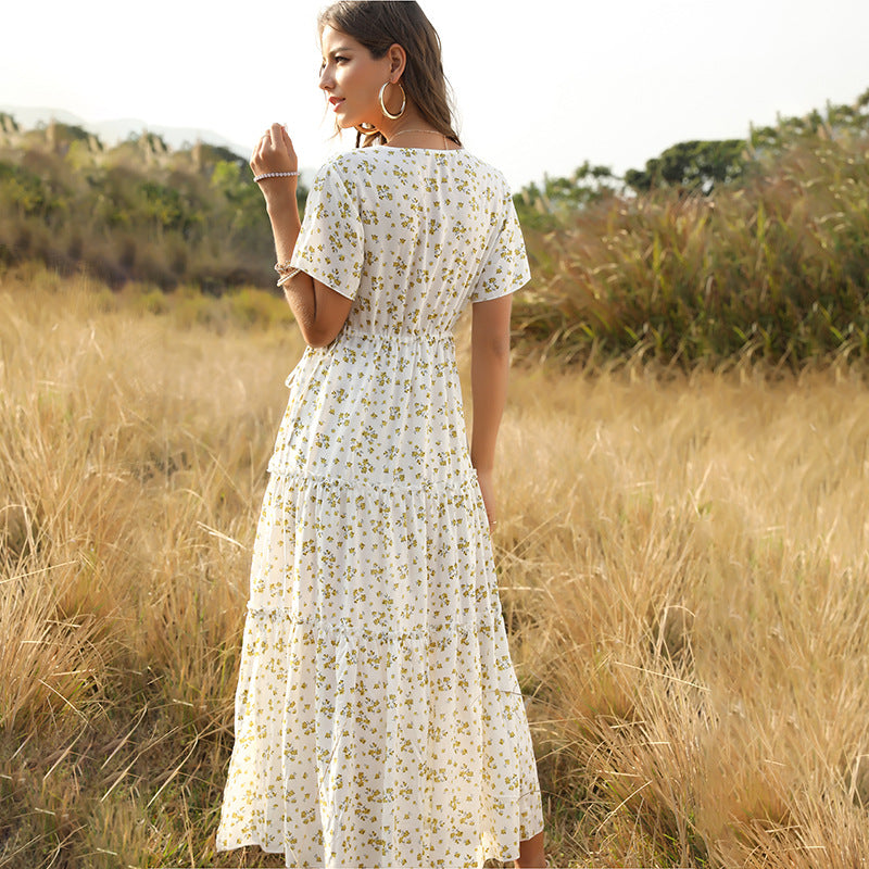 Bohemian Ruffled Floral V-Neck Maxi Dress