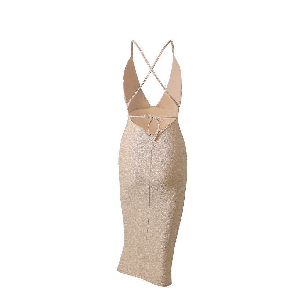 Champagne Gold Silk Chain-Strap Deep V Bodycon Midi Dress