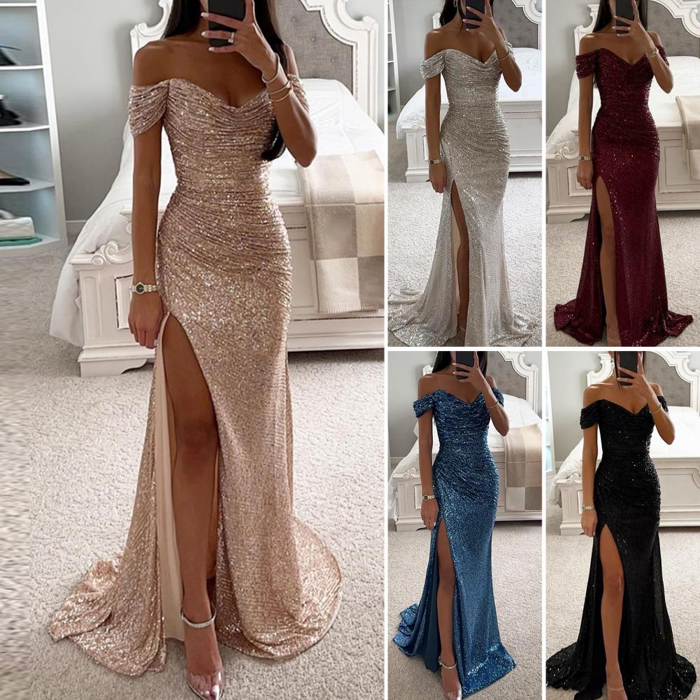 Elegant Off-Shoulder Sequined Maxi Dress