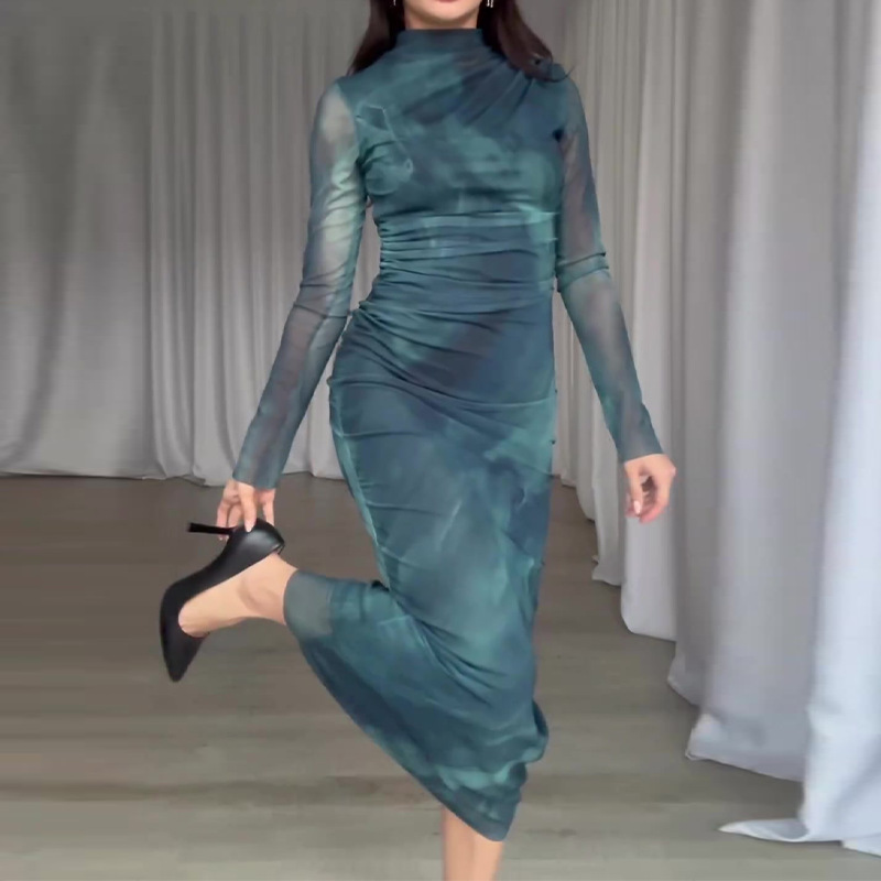 Tie-Dye Mesh Long Sleeve Slim Maxi Dress — Deep Teal