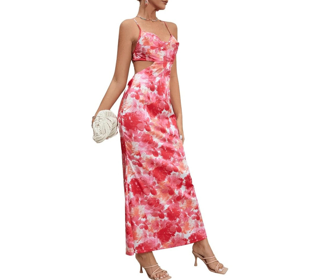 Milumia Floral Ruched Cut-Out Backless Maxi Dress