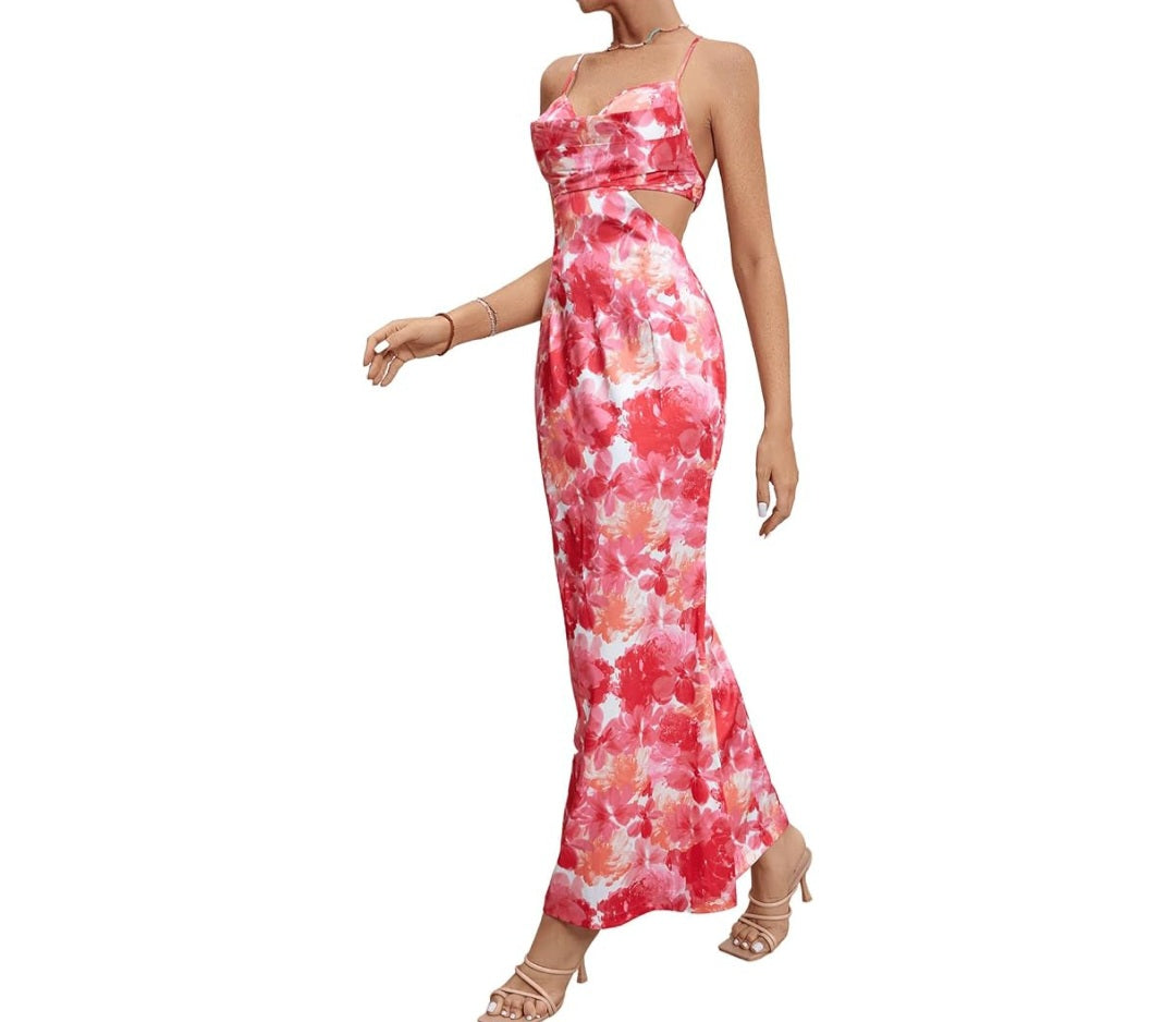 Milumia Floral Ruched Cut-Out Backless Maxi Dress