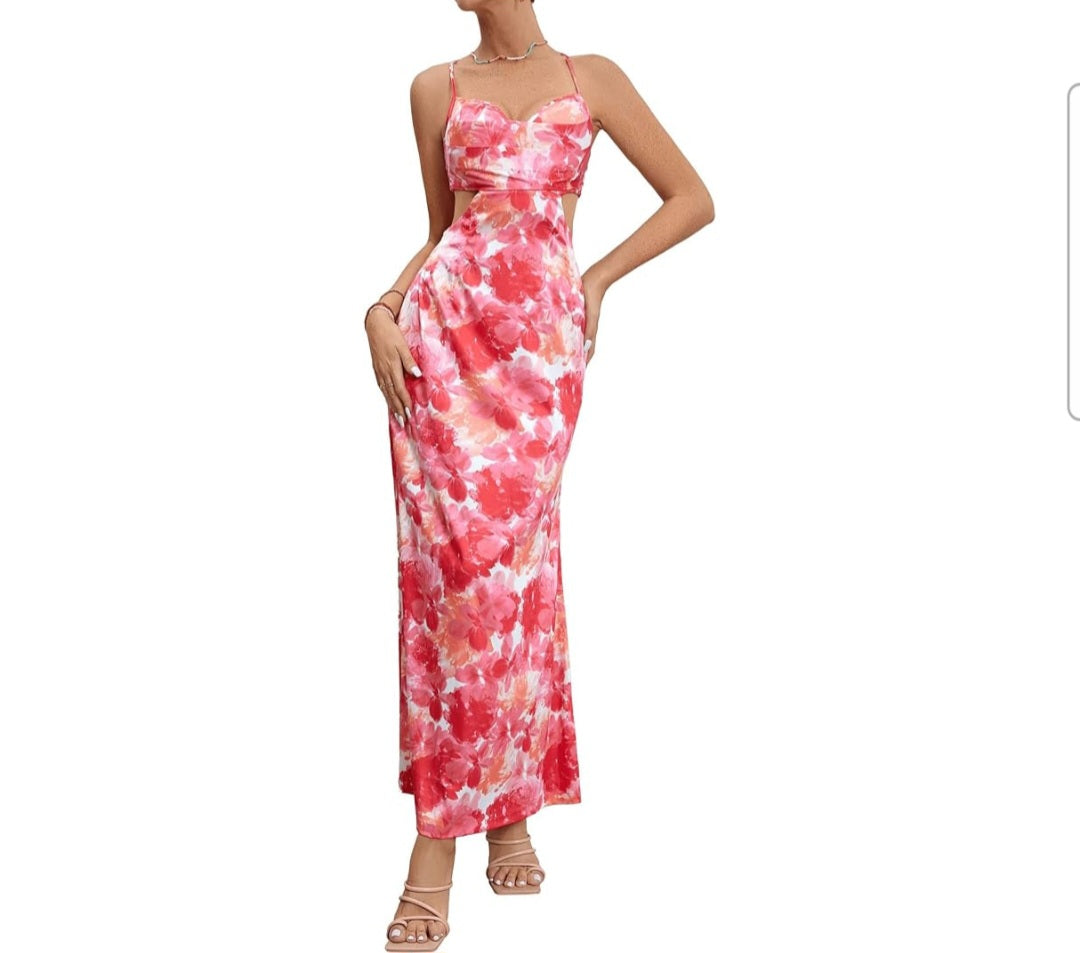 Milumia Floral Ruched Cut-Out Backless Maxi Dress