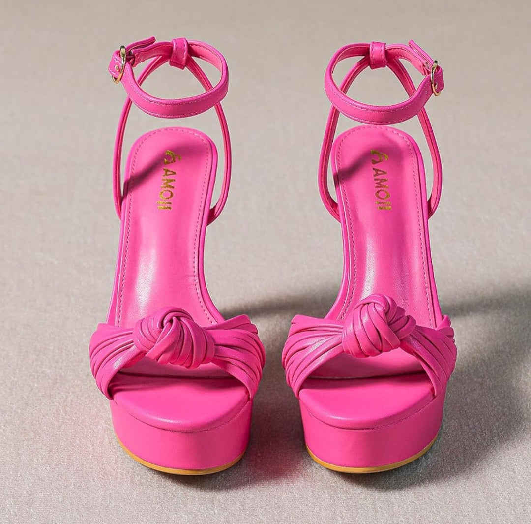 AMOJI Hot Pink Knot-Front Platform Ankle Strap Heels