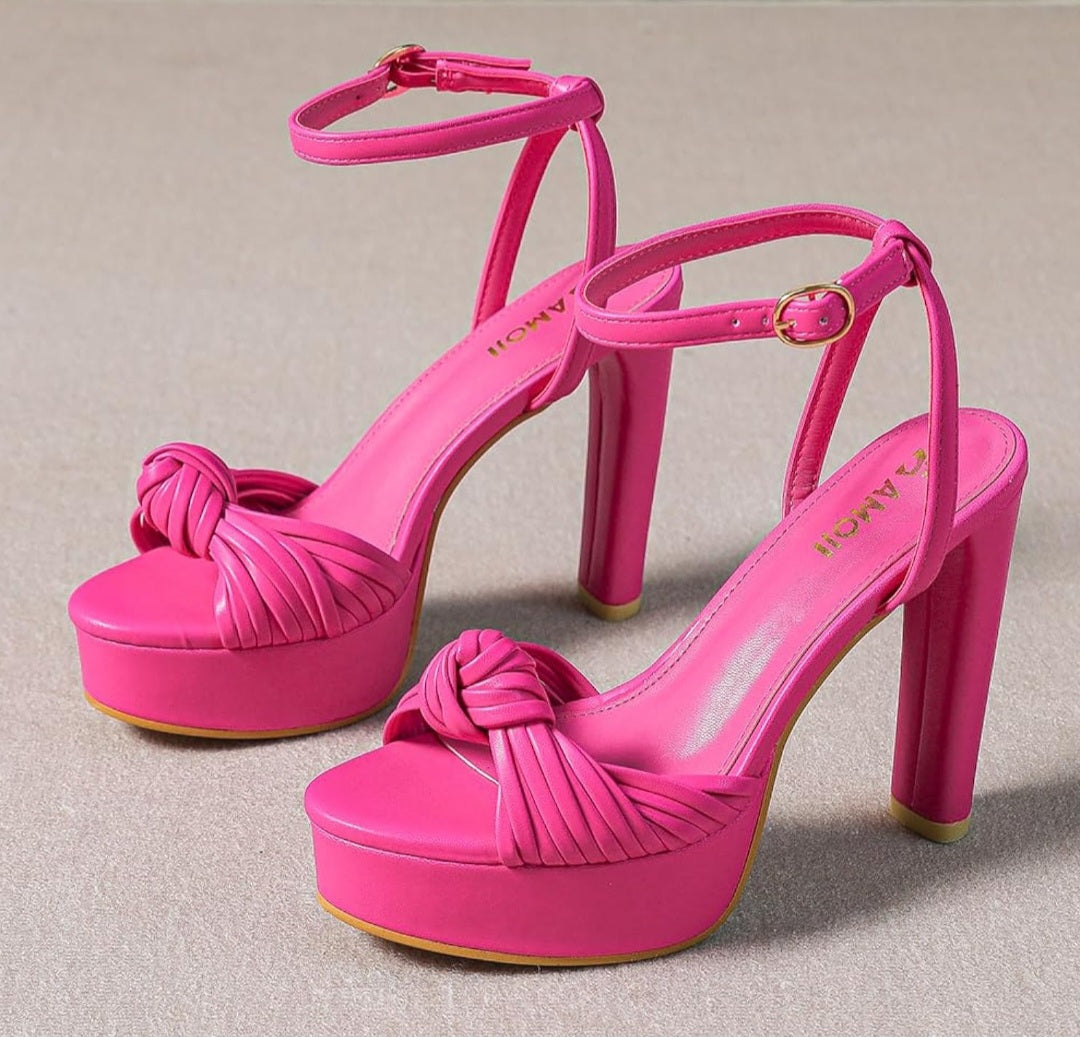 AMOJI Hot Pink Knot-Front Platform Ankle Strap Heels