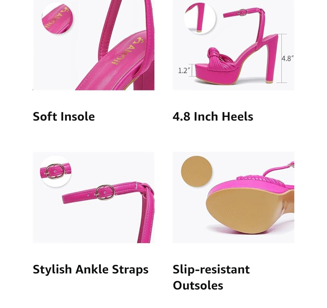 AMOJI Hot Pink Knot-Front Platform Ankle Strap Heels