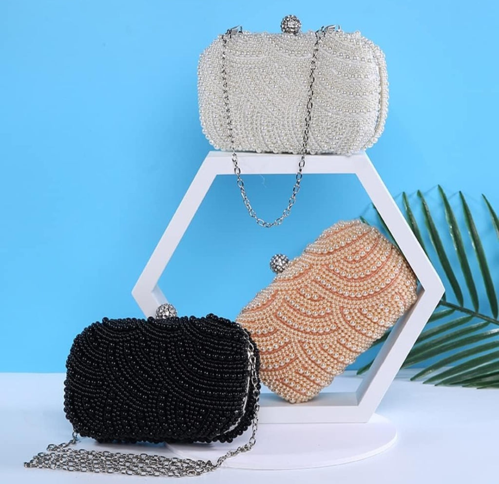 YYW Black Pearl Beaded Evening Clutch Bag