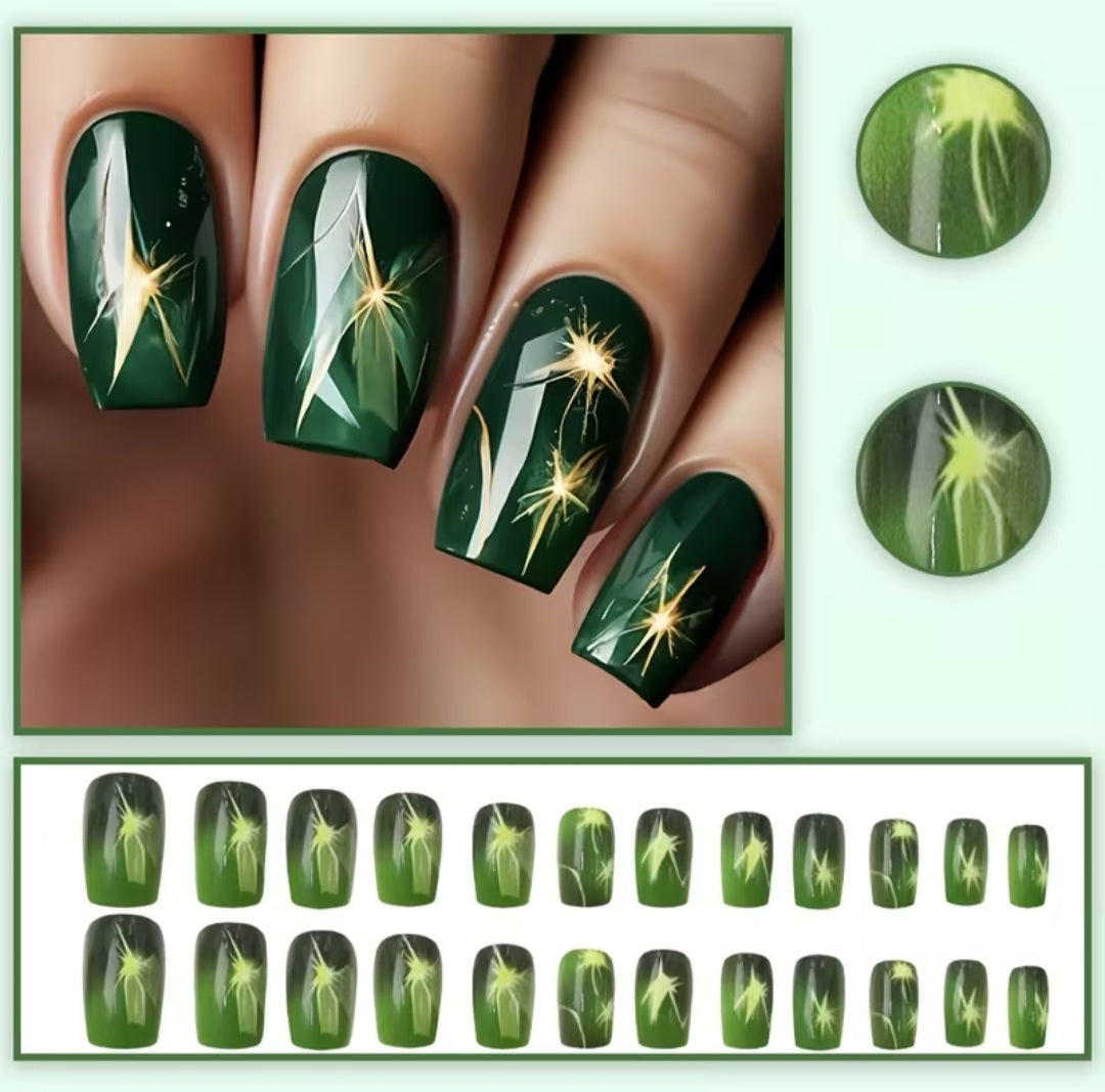 Emerald Gold Star-Burst Medium Square Press-On Nail Set