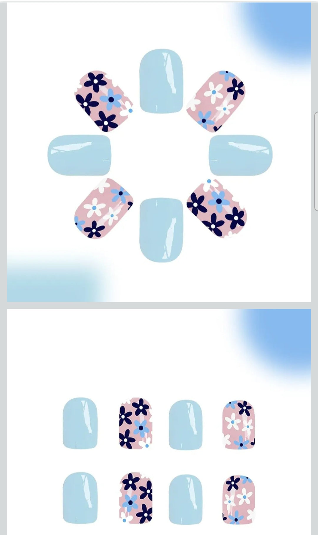 FRUZJAY Sky Blue Daisy Floral Short Square Press-On Nail Set
