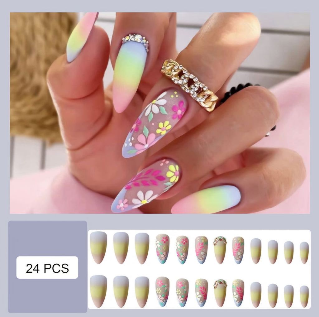 Rainbow Gradient Daisy Almond Press-On Nail Set