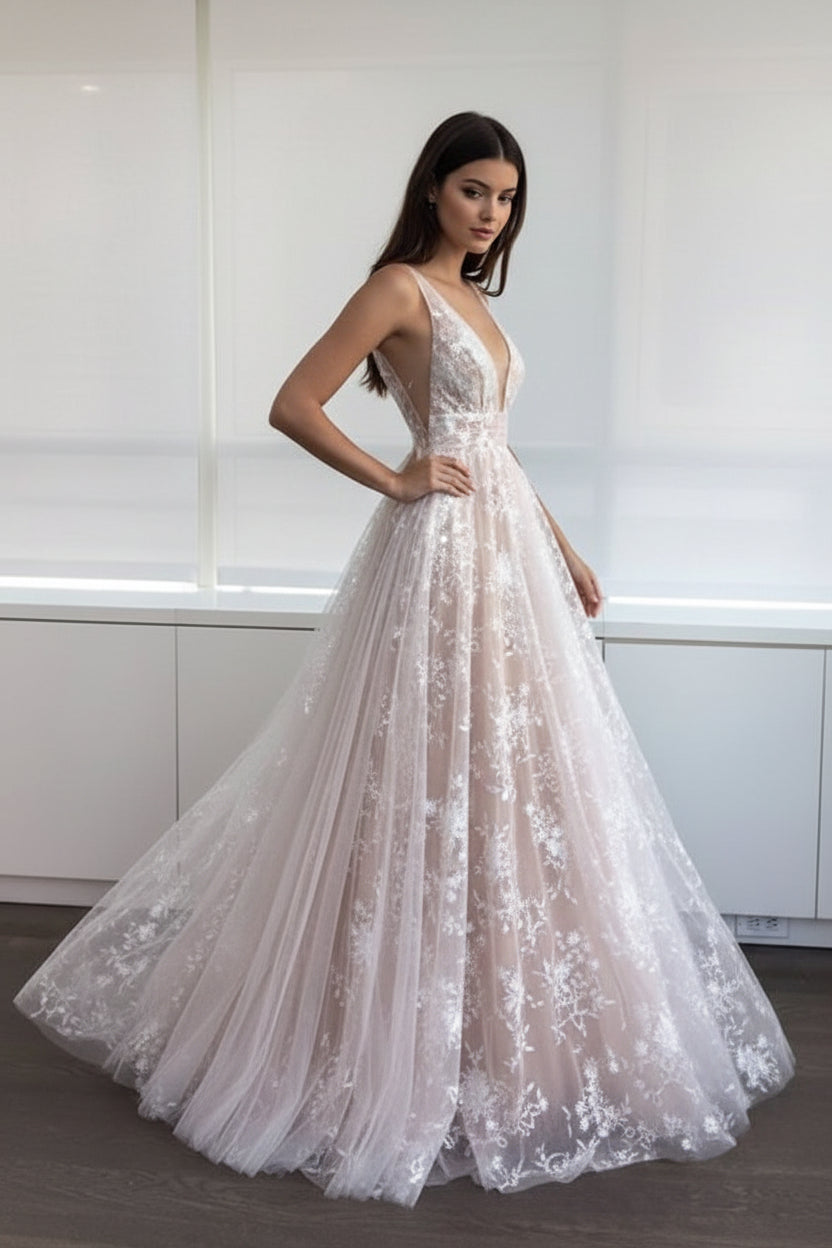 Lace Deep V Wedding Dress Long Gown