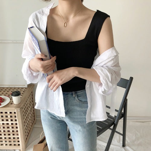 Ice Silk Knit Square Neck Cami Vest — Built-In Bra