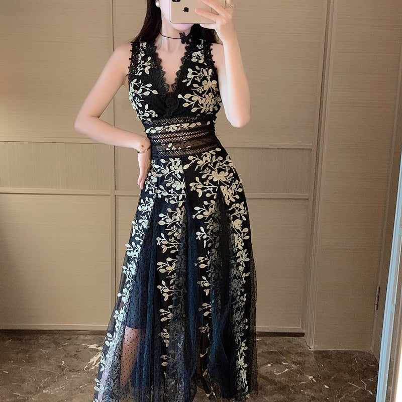 Floral Embroidered Mesh V-Neck Ballgown Maxi Dress