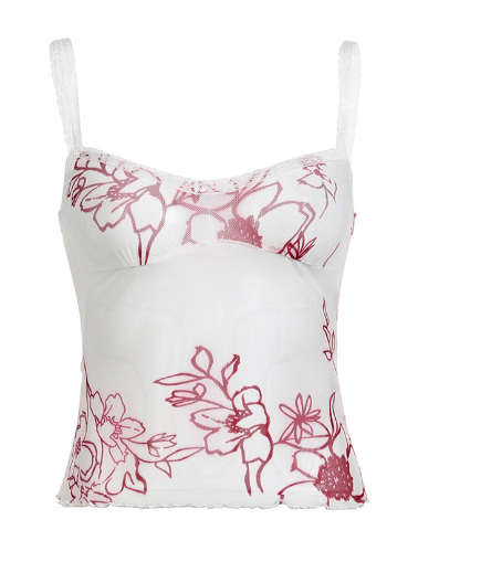 Rose Floral Mesh Lace-Trim V-Neck Cami Top