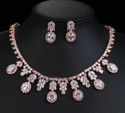 Zirconia Floral Leaf Bridal Necklace & Earring Set — Ruby, Diamond & Rose Gold