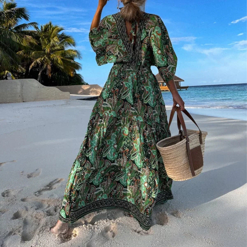 Bohemian Style V-Neck Floral Maxi Dress