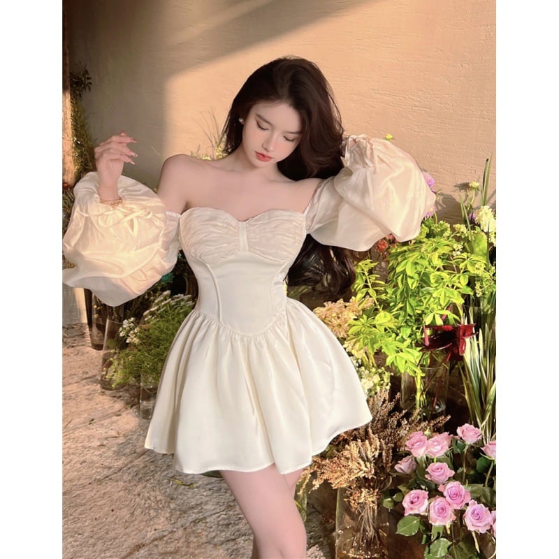 Sheer Puff Sleeve Sweetheart Mini Dress — Ivory