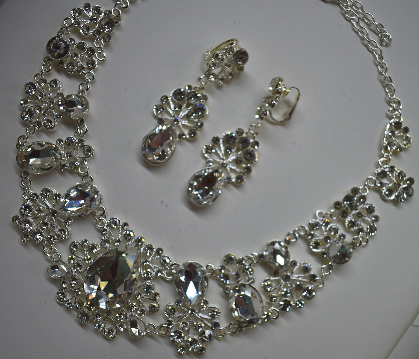 Crystal Glass Geometric Cluster Bridal Necklace & Earring Set — Silver