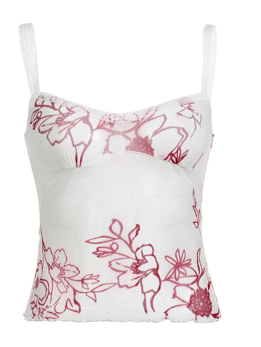 Rose Floral Mesh Lace-Trim V-Neck Cami Top