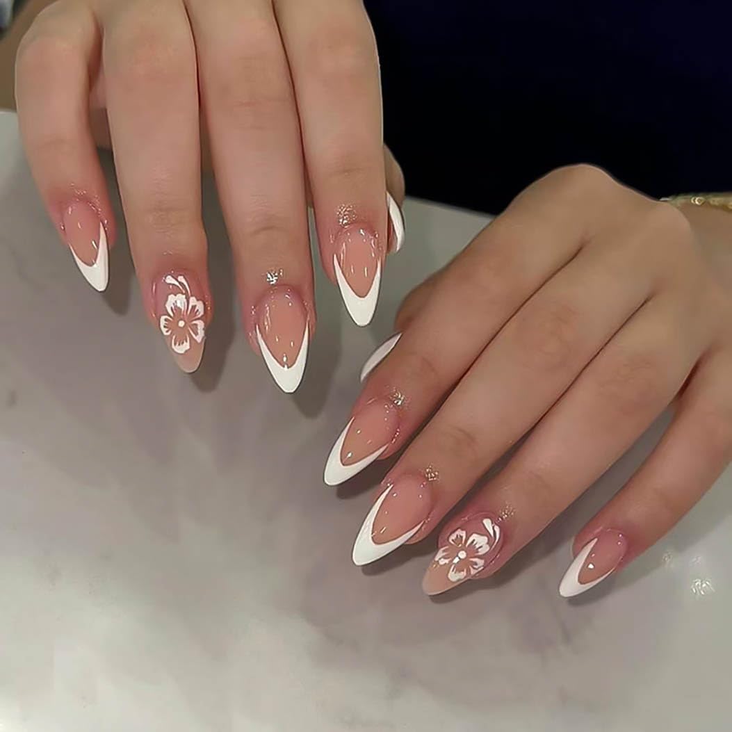 Glitter Floral French Tip Almond Press-On Nails - 24 pcs