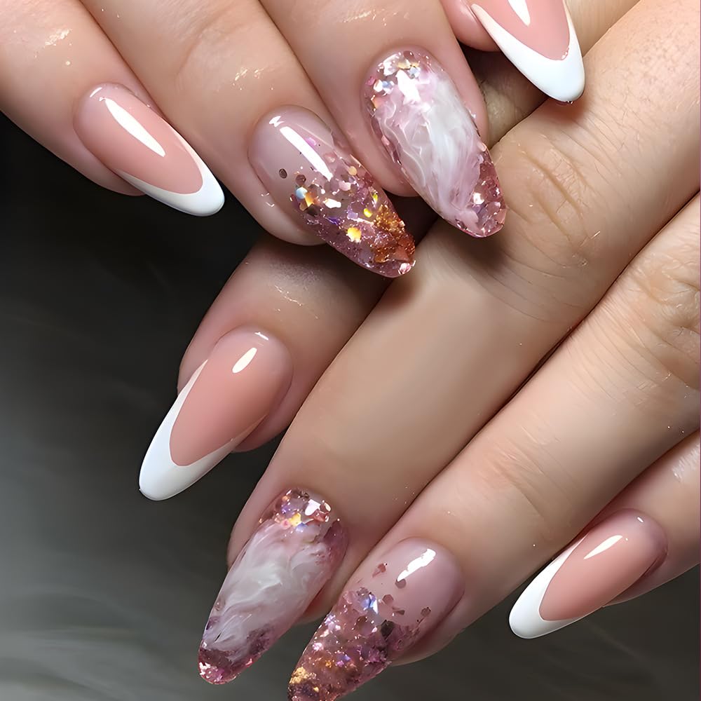 Rose Marble French Tip Almond Press-On Nails - 24Pcs