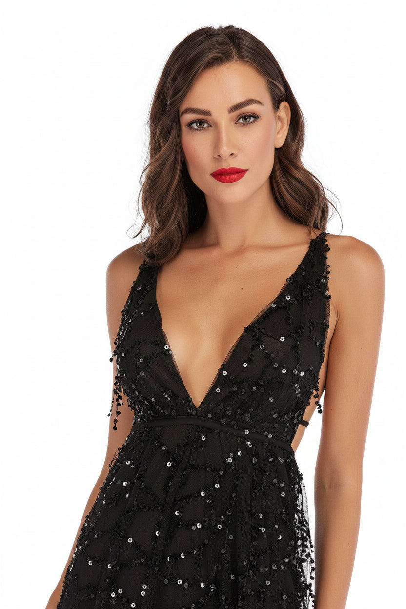 Sequined Deep V Neck Backless Maxi Dress with Fringe