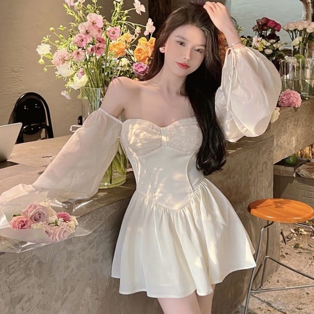 Sheer Puff Sleeve Sweetheart Mini Dress — Ivory