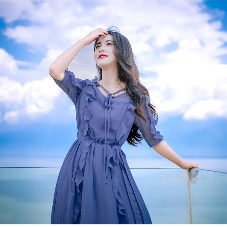 Bohemian Summer V-Neck Ruffled Chiffon Dress