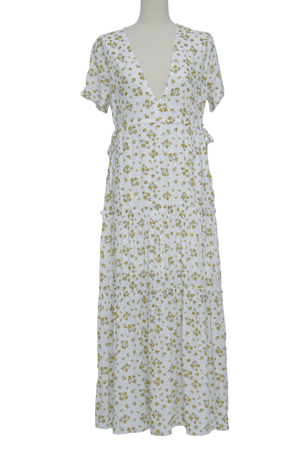 Bohemian Ruffled Floral V-Neck Maxi Dress