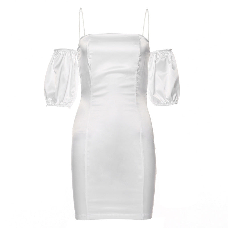 Rose Satin Bardot Puff Sleeve Bodycon Dress