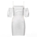 Rose Satin Bardot Puff Sleeve Bodycon Dress