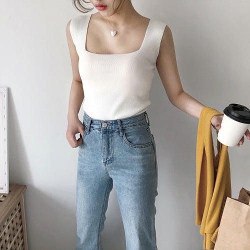Ice Silk Knit Square Neck Cami Vest — Built-In Bra