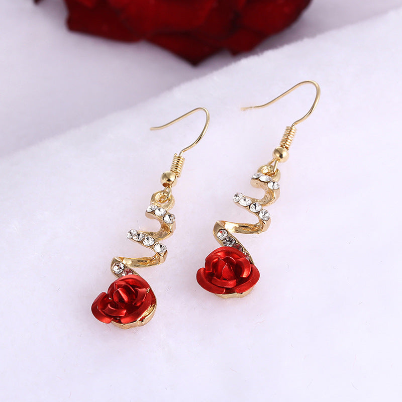 Gold & Red Rose Drop Earrings — Crystal Pavé Stem