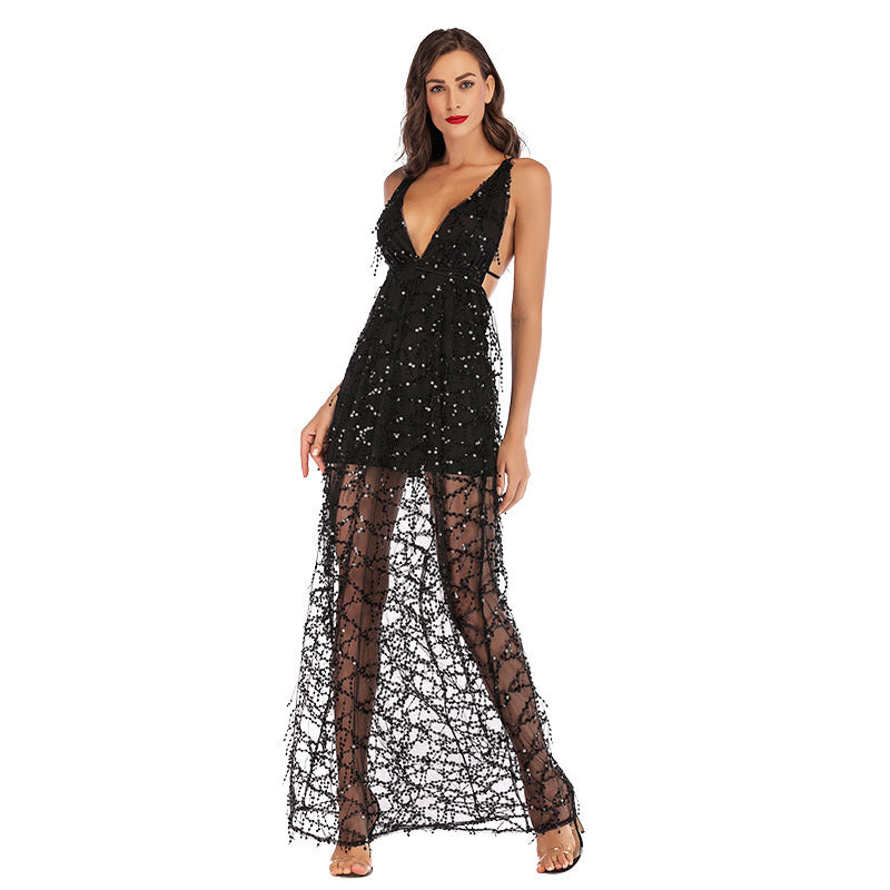 Sequined Deep V Neck Backless Maxi Dress with Fringe