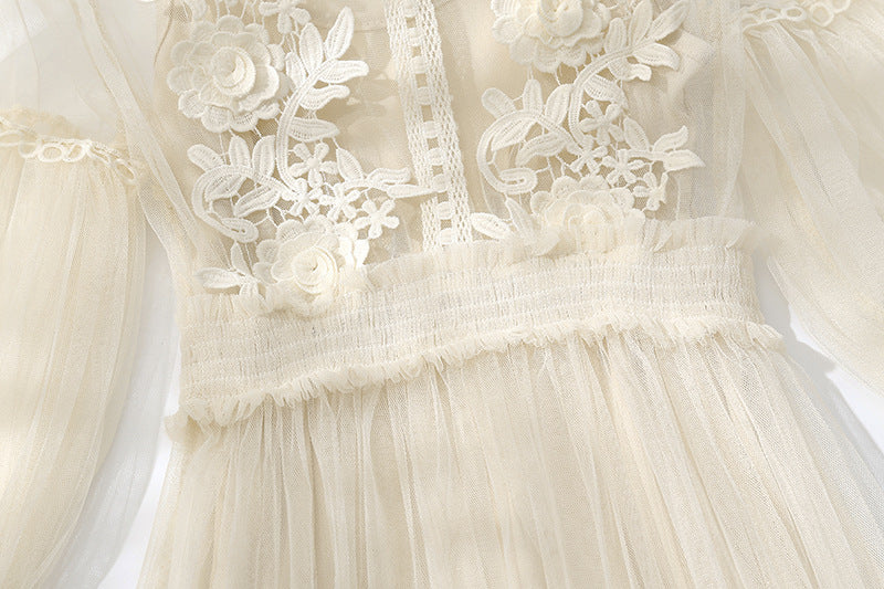 Lace Floral Dress Set with Sheer Lantern Sleeves