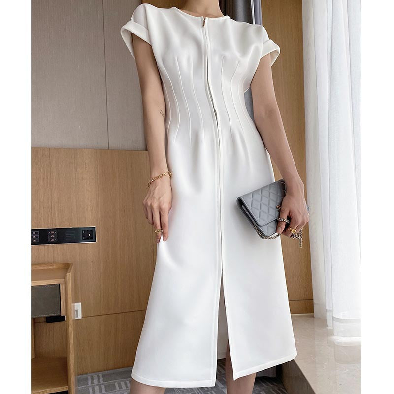 Sculptural Petal-Sleeve Waist-Cinch Midi Dress