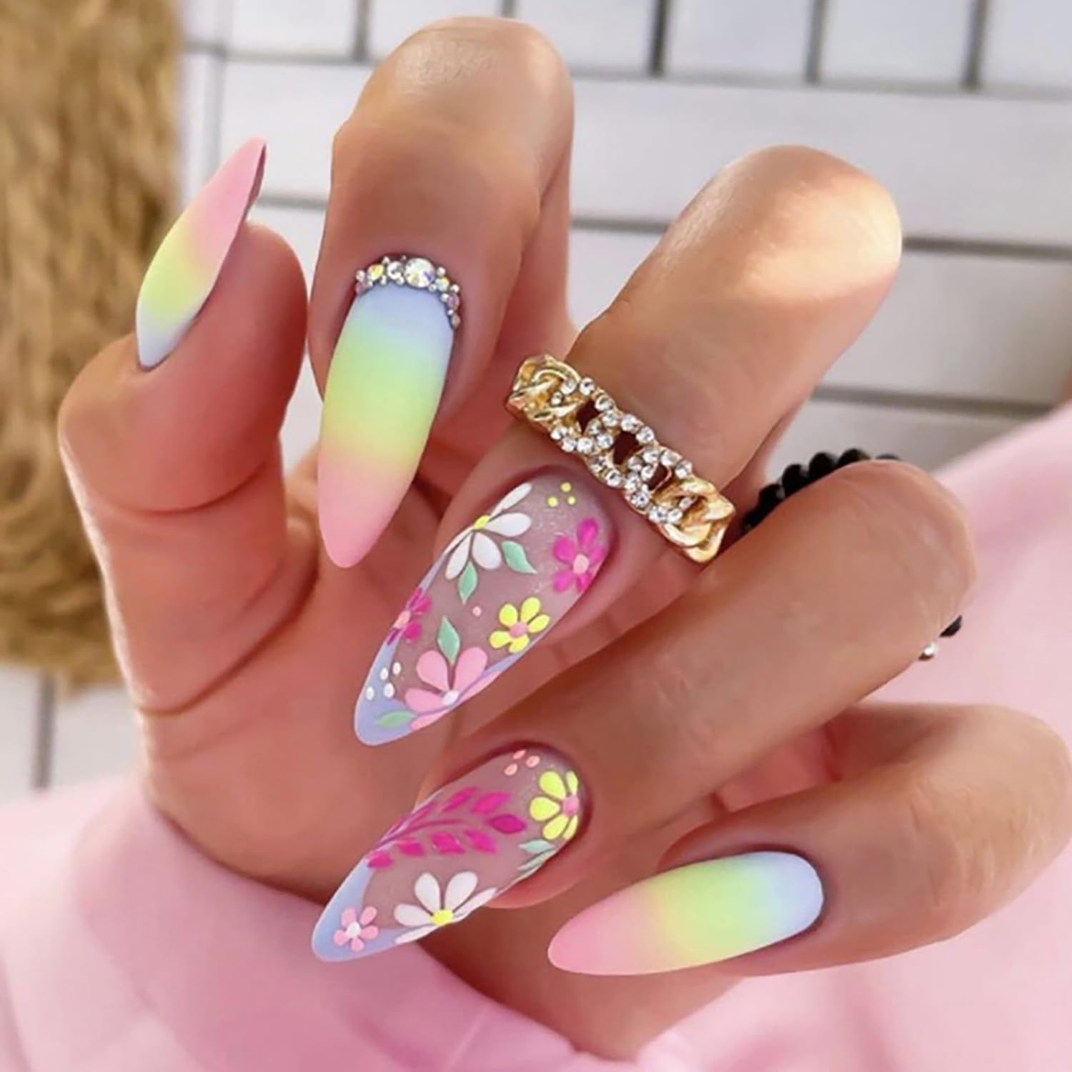 Rainbow Gradient Daisy Almond Press-On Nail Set