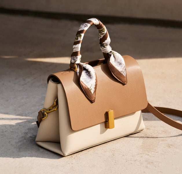 Two-Tone Structured Top Handle Crossbody Bag with Scarf Detail — Tan & Ivory