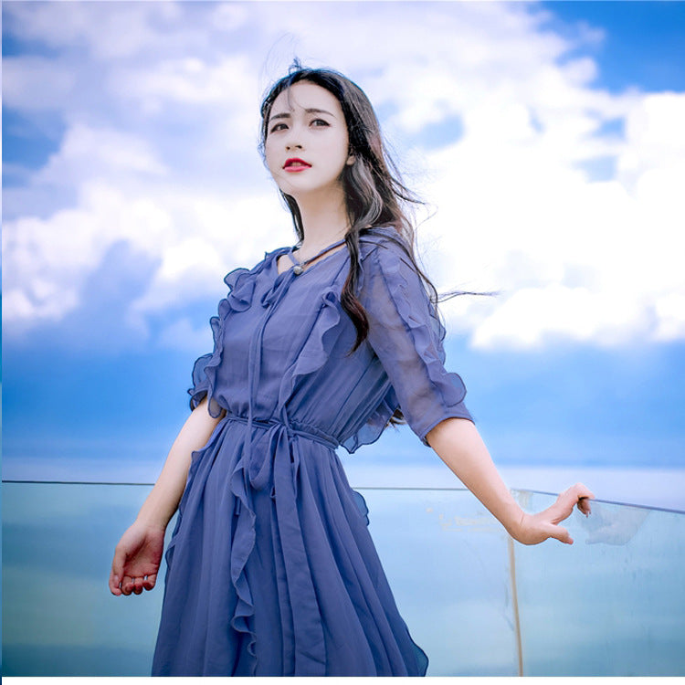Bohemian Summer V-Neck Ruffled Chiffon Dress