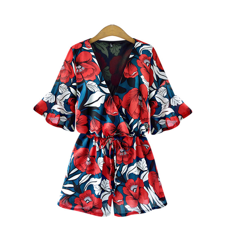 Plus Size V-Neck Floral Chiffon Romper