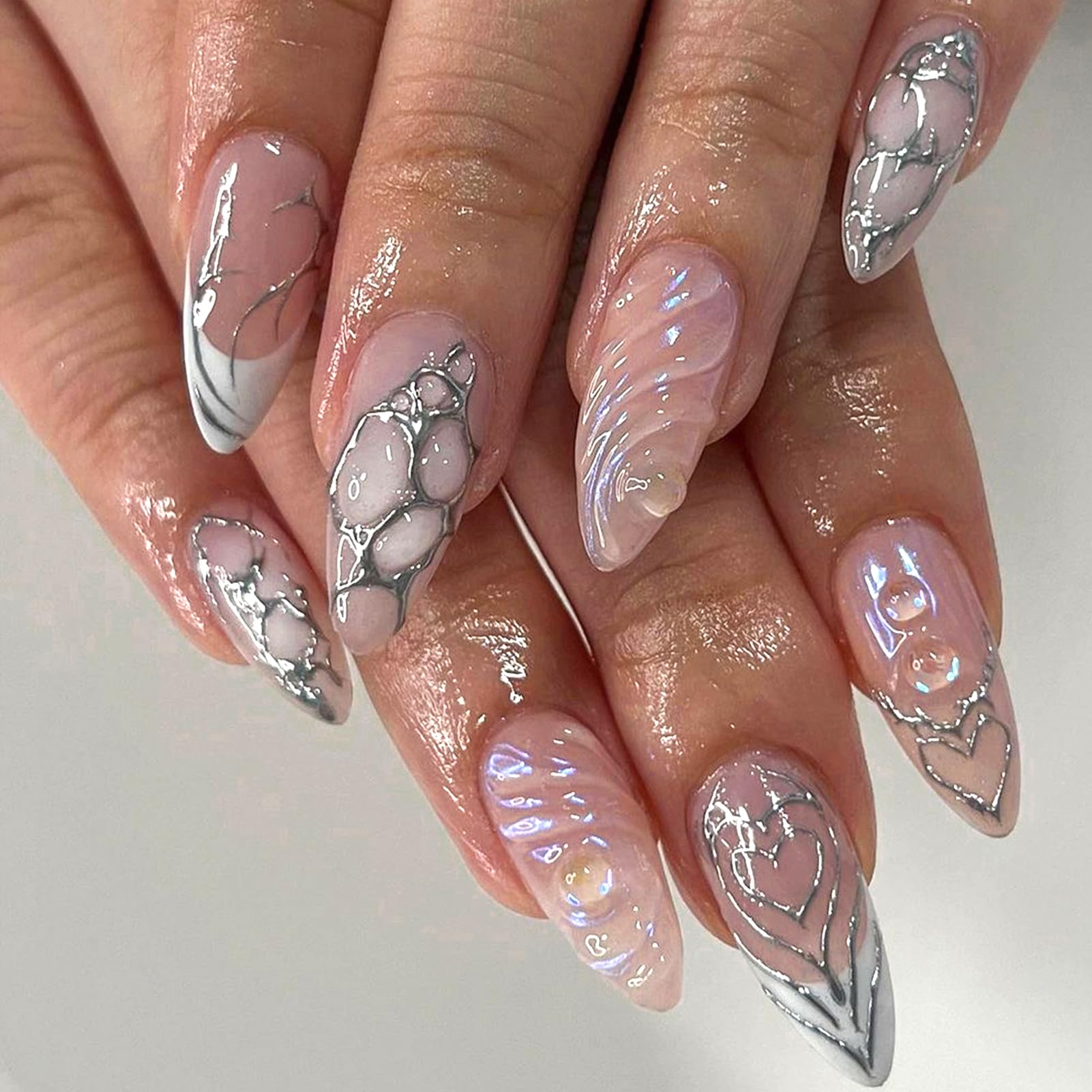 Silver Web Crystal Almond Press-On Nails - 24Pcs