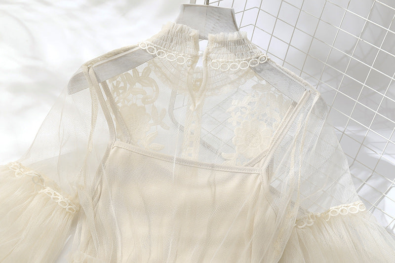 Lace Floral Dress Set with Sheer Lantern Sleeves
