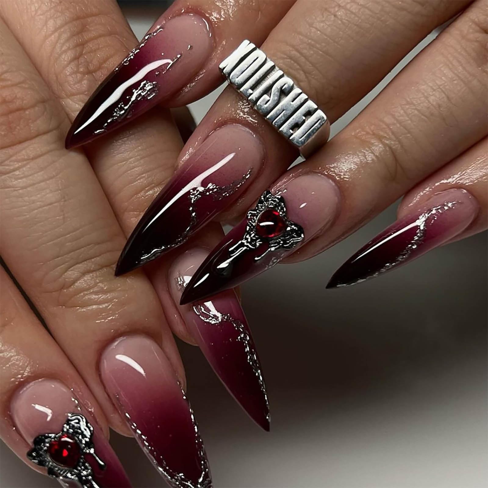 Burgundy Lace Stiletto Press-On Nails