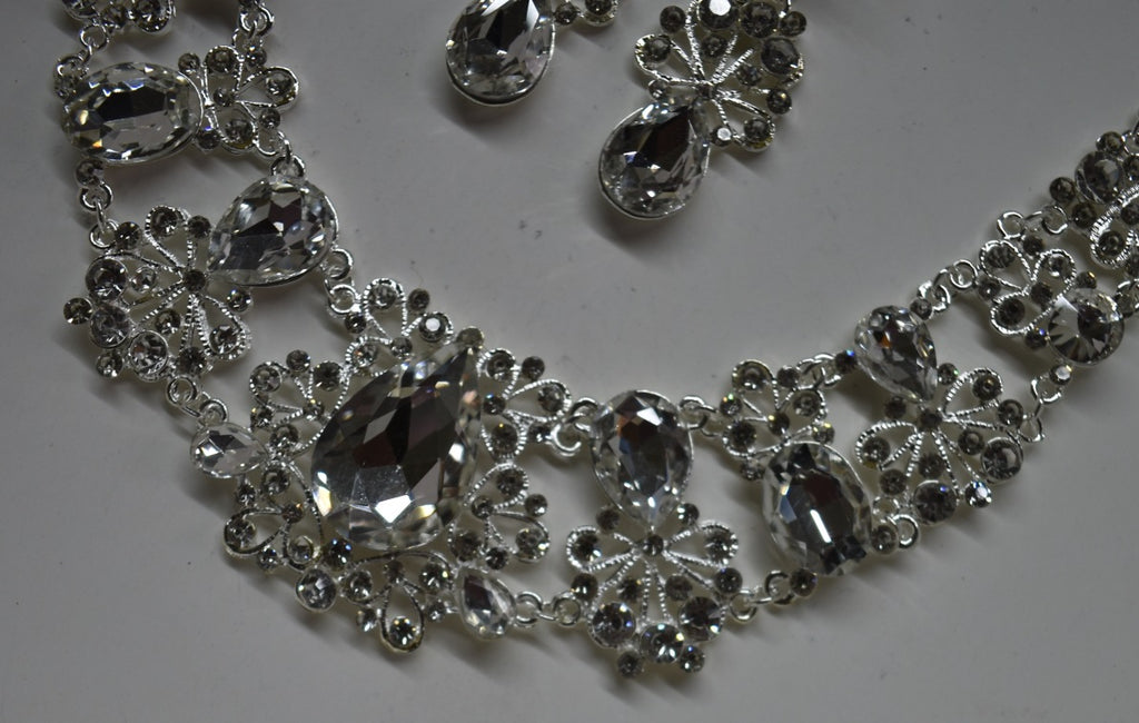 Crystal Glass Geometric Cluster Bridal Necklace & Earring Set — Silver