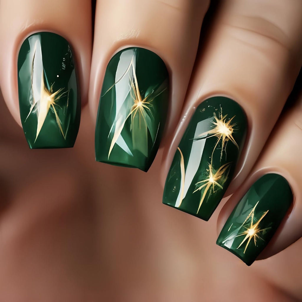 Emerald Gold Star-Burst Medium Square Press-On Nail Set