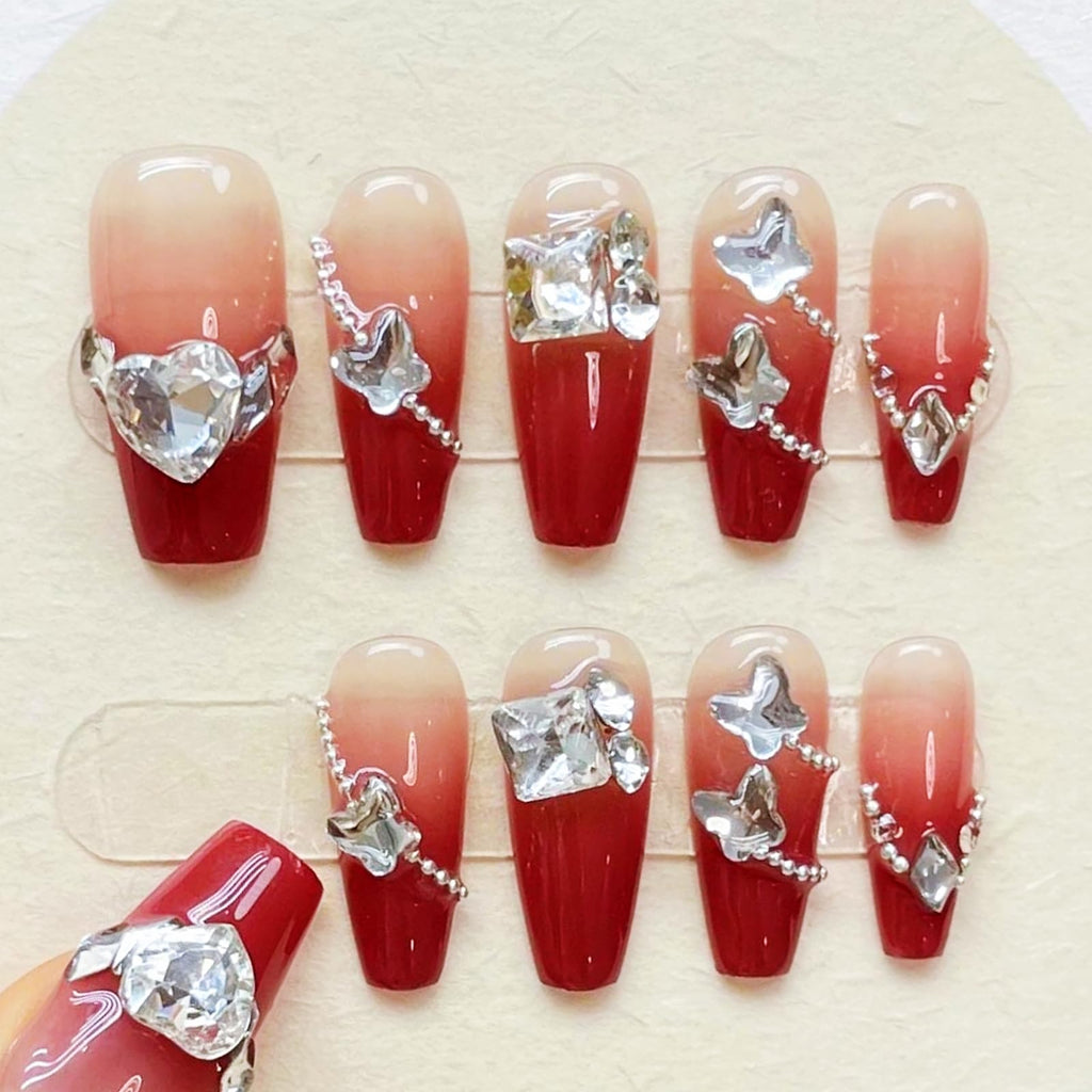 Red Ombré Crystal Bow Coffin Press-On Nails