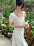Square Neck Bubble Sleeve Long Dress